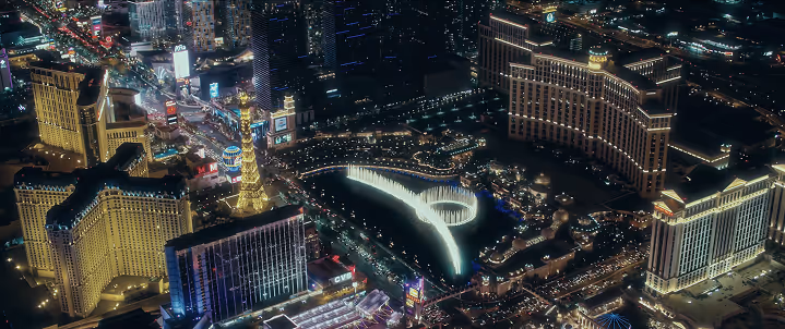 Aerial view of Las Vegas Strip with luxury hotels, casinos, and the iconic skyline