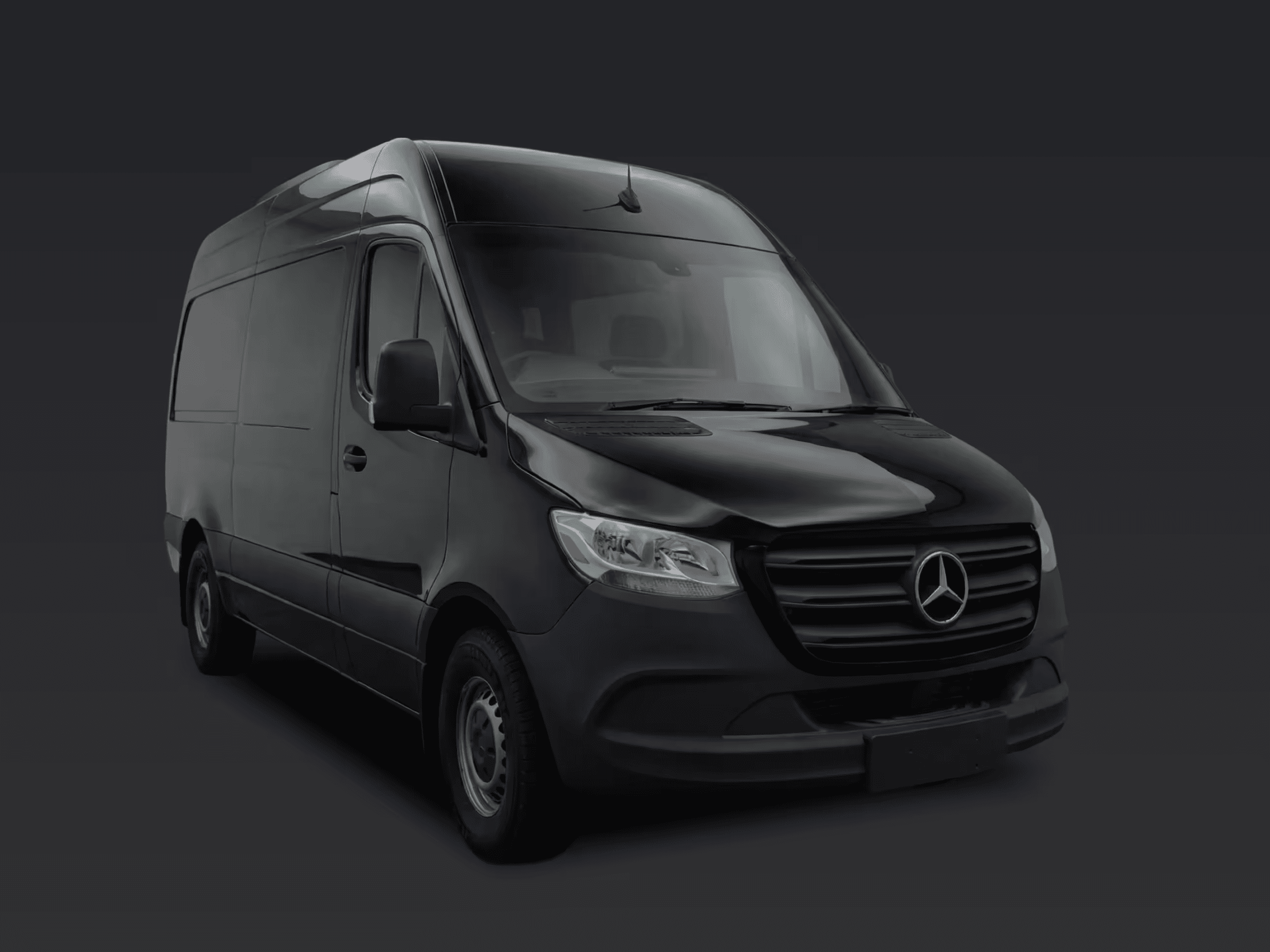 Side view of a black Mercedes Sprinter Van for group travel.