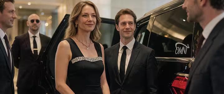 VIP clients greeted by chauffeur next to luxury executive vehicle