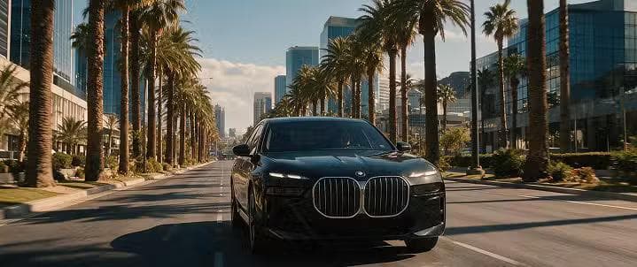 Black BMW sedan parked near palm trees on a Las Vegas street.