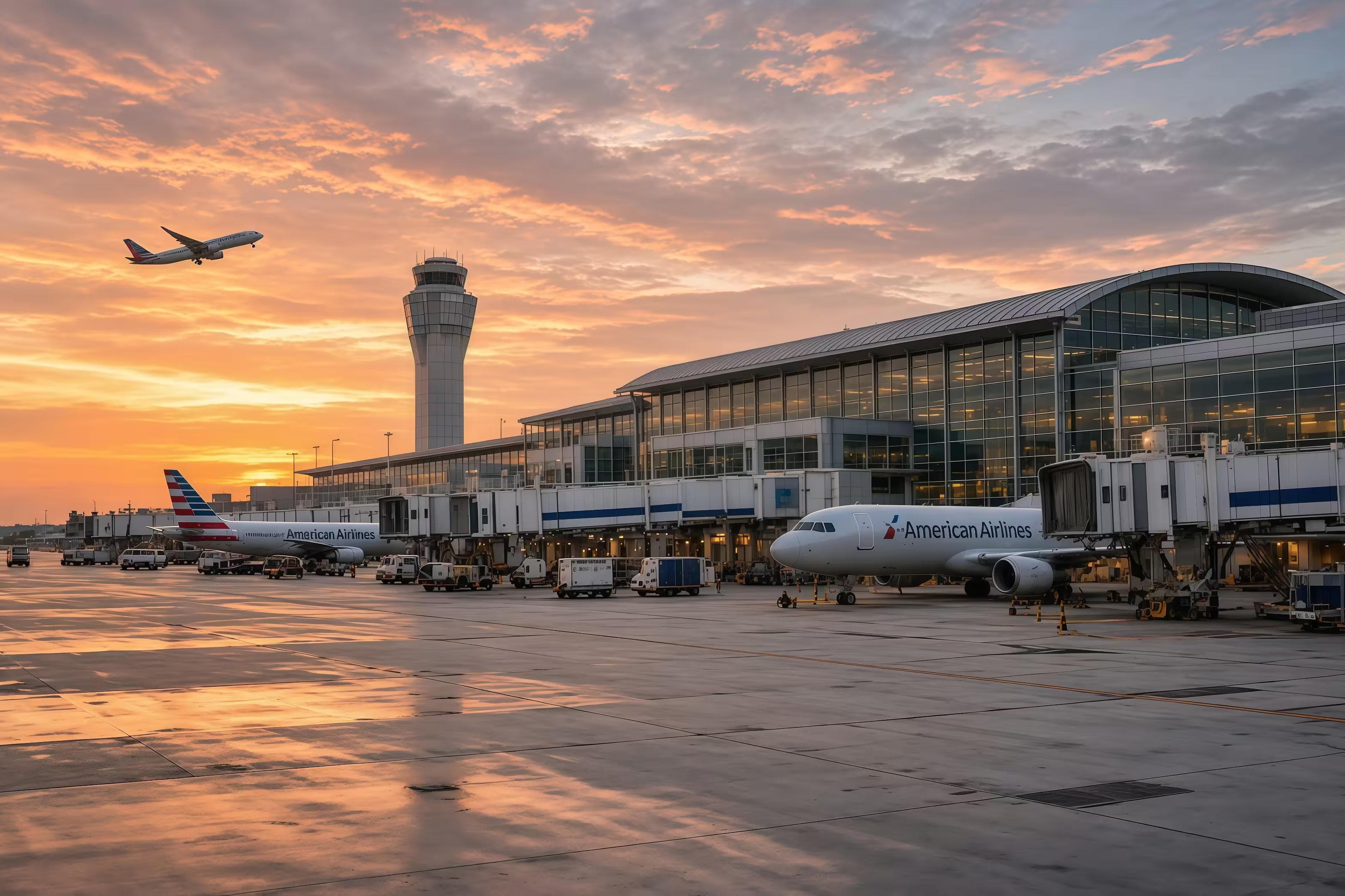 Commercial airplanes parked at Miami International Airport gates during sunset