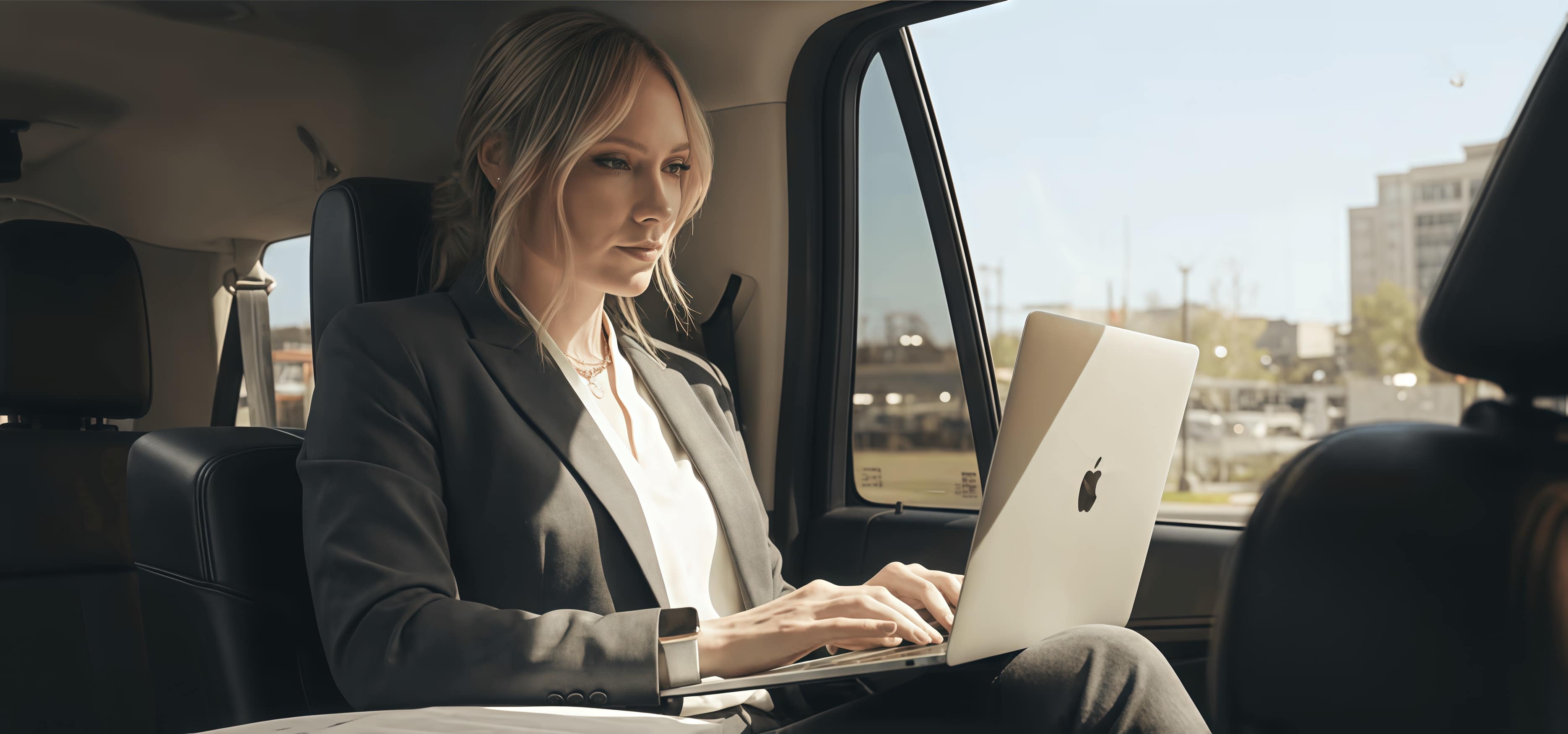 Business executive working on laptop in chauffeured luxury vehicle
