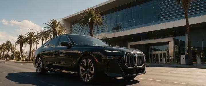 Executive chauffeured sedan driving past modern airport building
