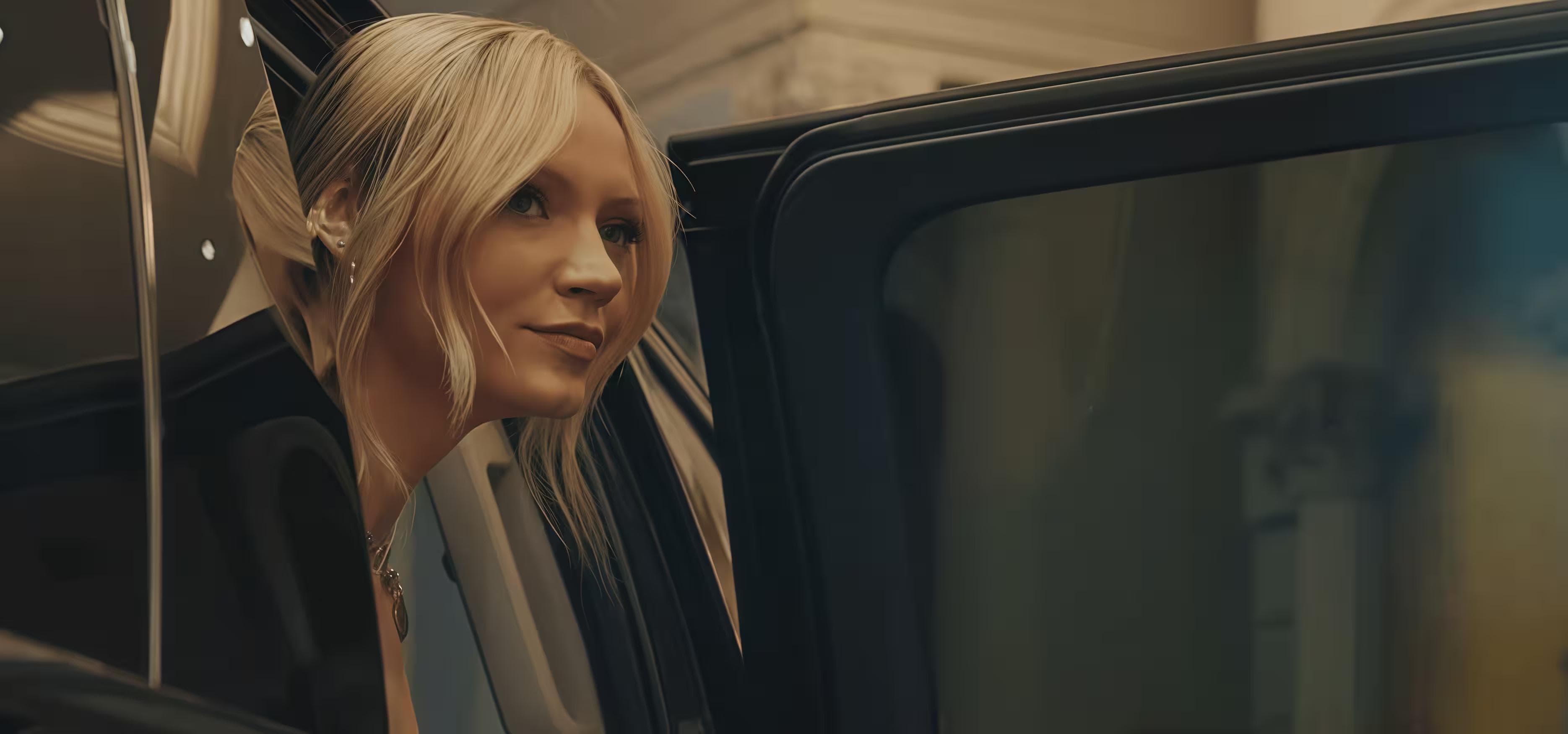 A young woman in elegant attire stepping out of a chauffeured vehicle for a special evening.