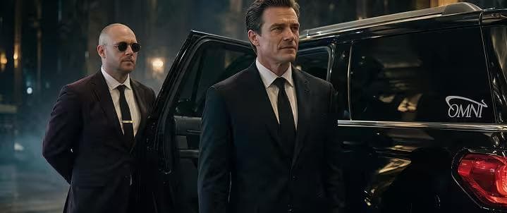 VIP client next to a black luxury SUV with a professional chauffeur standing in the background