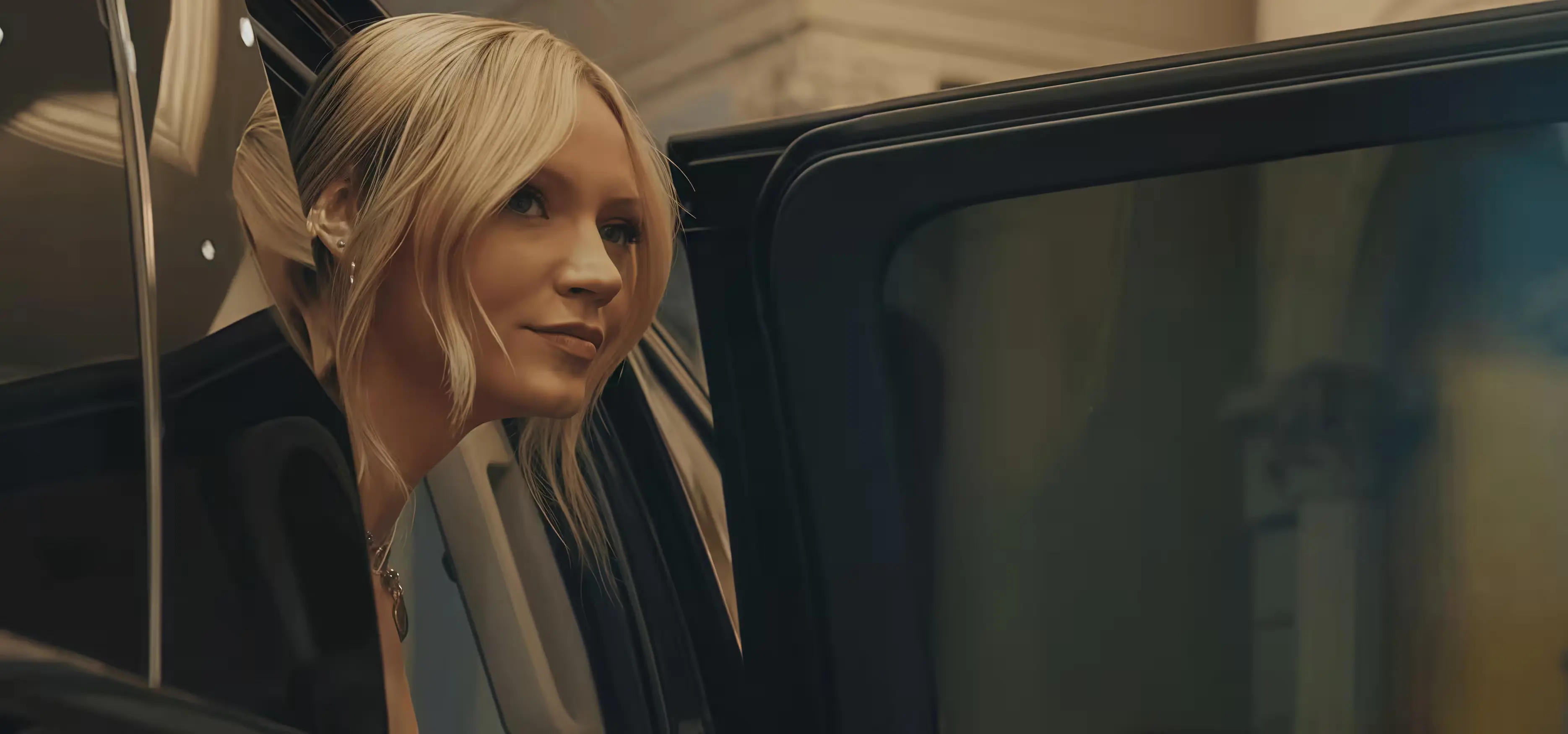 A young woman in elegant attire stepping out of a chauffeured vehicle for a special evening.